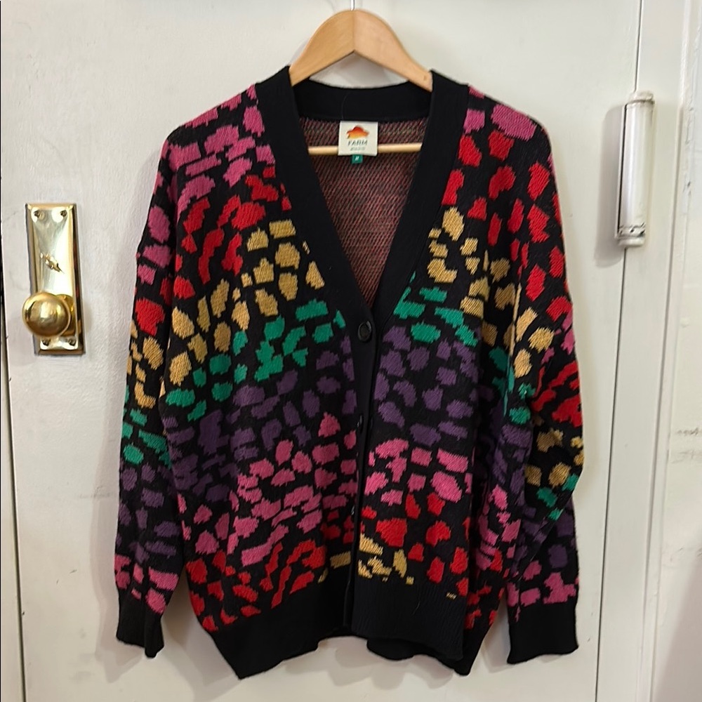Farm Rio Knit Cardigan with Bold Rainbow Animal Print